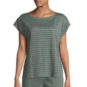 Eileen Fisher 100% Organic Linen Green Striped Cap Sleeve Top